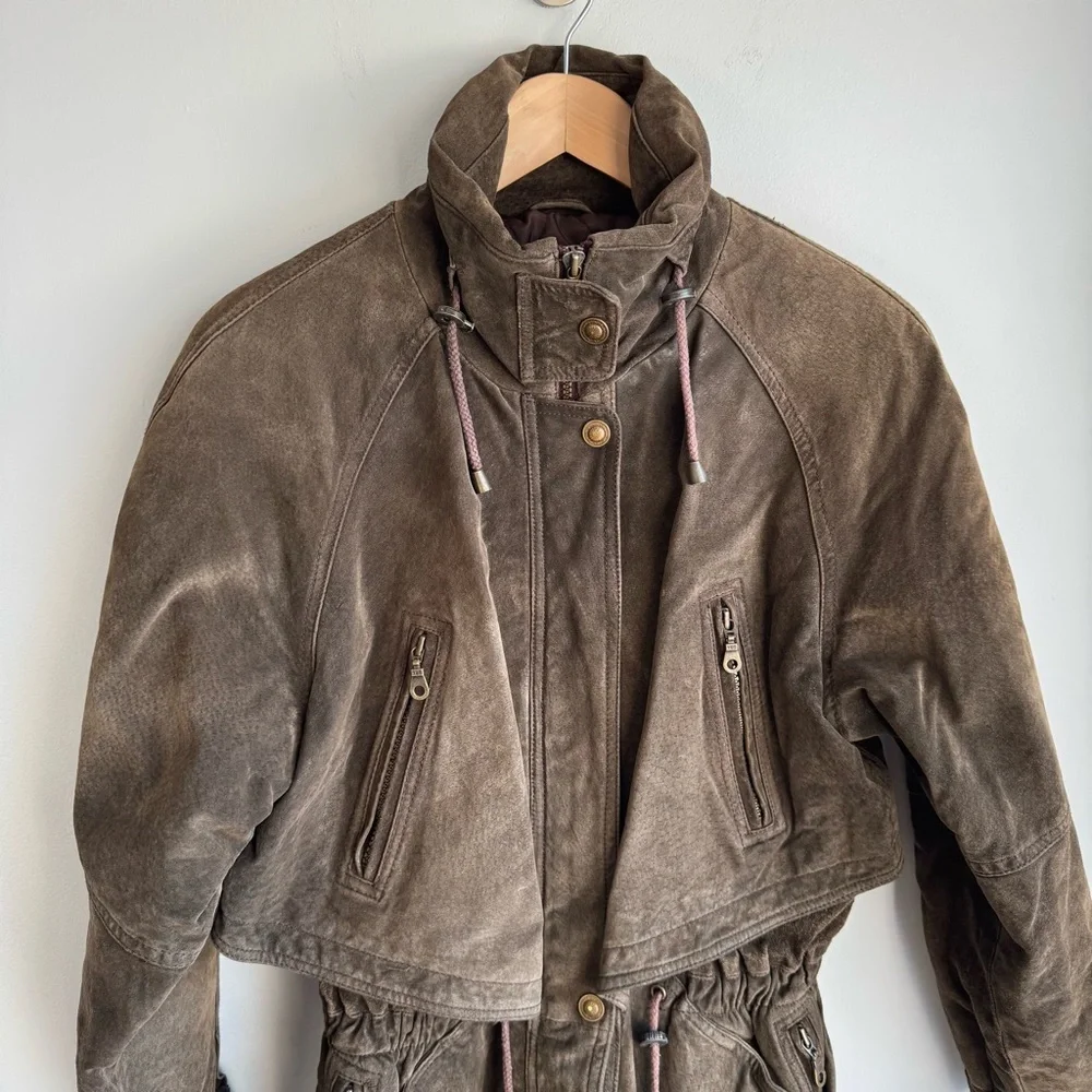 Vintage 80s Brown Suede Utility Coat Womens S Leather Longline Safari Distressed - Picture 7 of 16